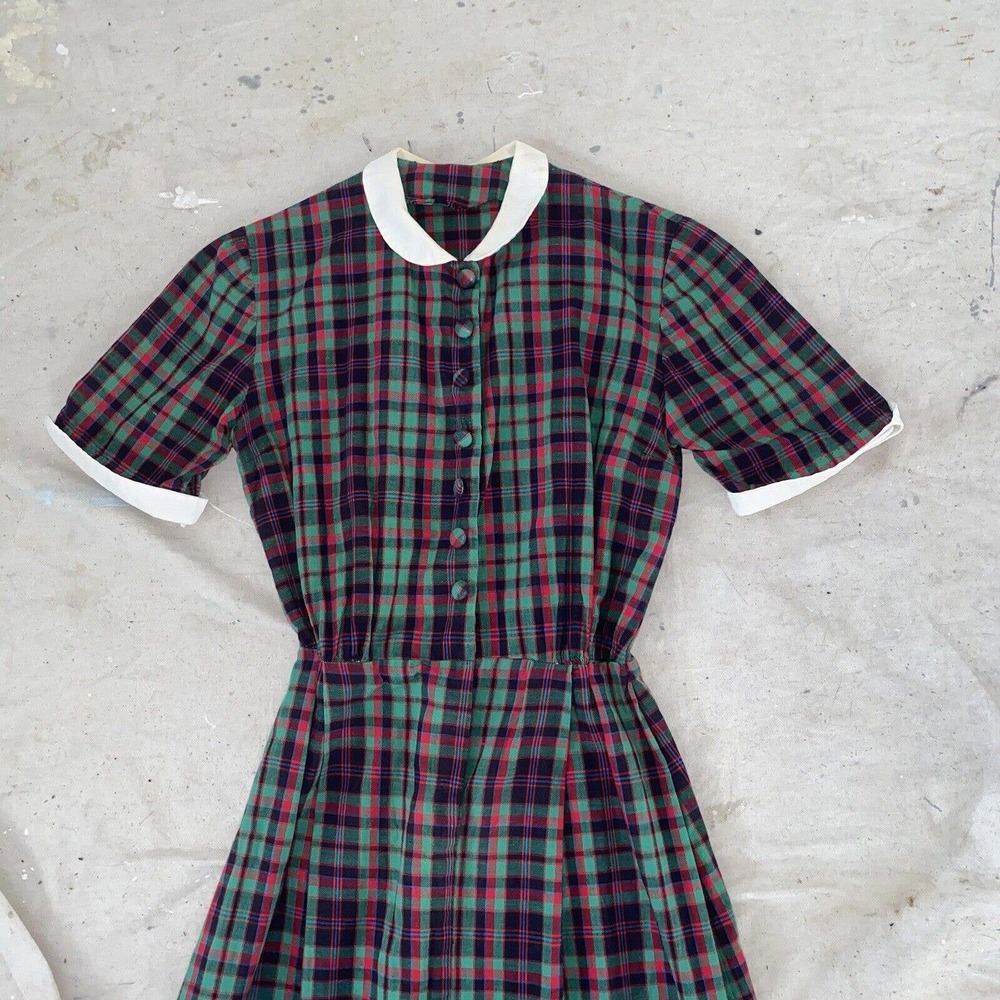 Vintage 1930s 1940s Teens’ Plaid Cotton Peter Pan Collar Frock Dress View 4
